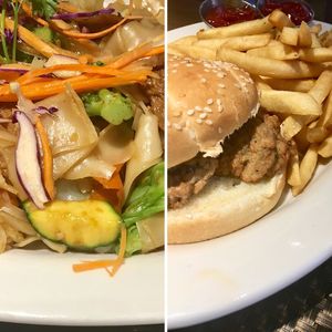 Wide noodle broccoli stir fry with soy beef & Cowboy Burger with fries at Thai Vegan in Albuquerque