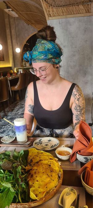 Xeo cake and vie que butterfly pea milk (tastes like a vanilla thick shake!)  at Vi Que Kitchen in Ho Chi Minh City