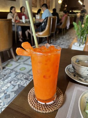 Carrot juice, 58,000 VND (plus 10% VAT, plus 5% service charge)  at Vi Que Kitchen in Ho Chi Minh City
