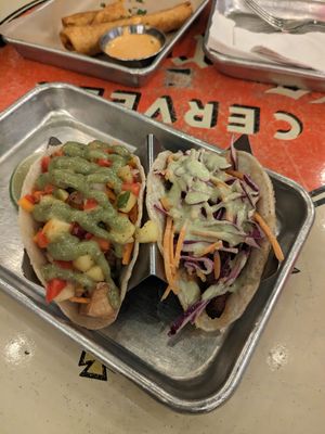 One tofu and one plantain taco at Bird & Co in Portland