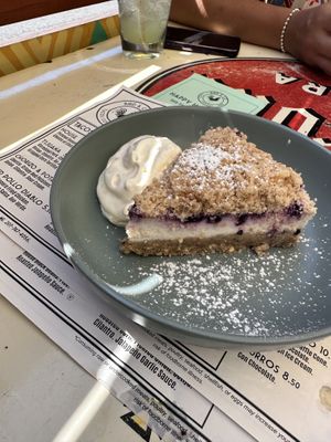 blueberry cheesecake made vegan. On the menu, it said strawberry cheesecake made vegan.  it was out of this world.  at Bird & Co in Portland