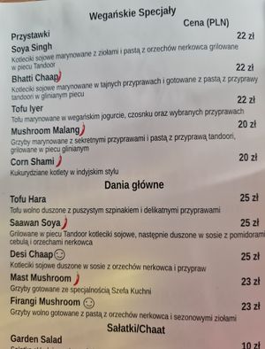 Menu at Indian Summers in Warsaw