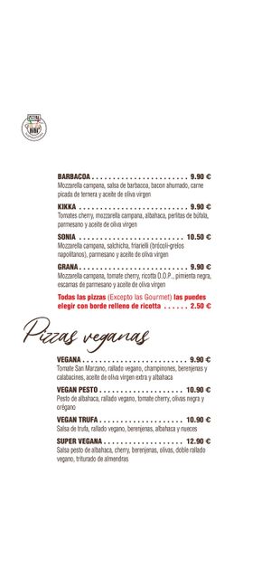Vegan pizzas menu at Pizzeria Nana in Barcelona
