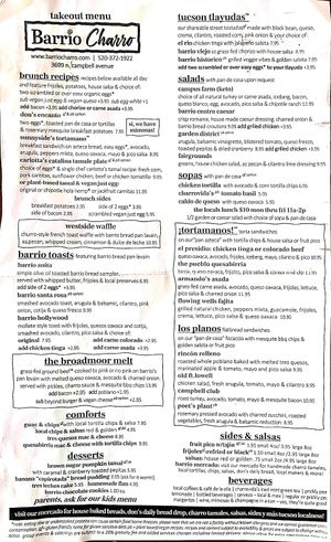 Here's the menu at Barrio Charro in Tucson