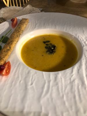 Soup with pumpkin seeds yum at Vrindaa in Rome