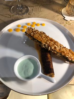 I don’t know what they did to this crispy rice zucchini but I want more and the vegan kabob. at Vrindaa in Rome