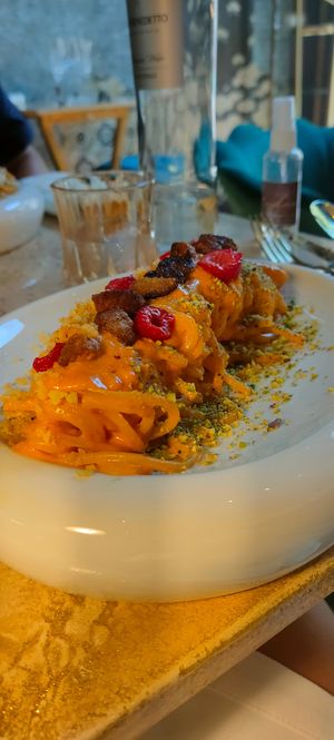 Carbonara pasta with smoked soya, toasted pistachio and special Vrindaa lab sauce at Vrindaa in Rome