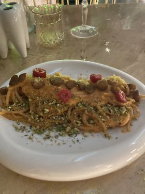 Famous raspberry and pistachios “carbonara"   at Vrindaa in Rome