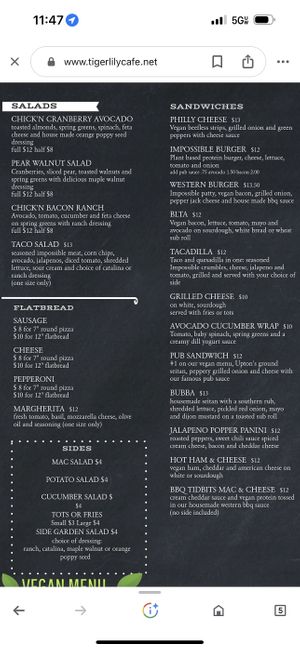 Vegan Menu  at Tiger Lily Cafe in Chesterton