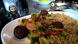 vegan pork stir fry (dinner menu) at Tiger Lily Cafe in Chesterton