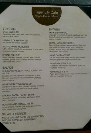 Vegan dinner menu at Tiger Lily Cafe in Chesterton