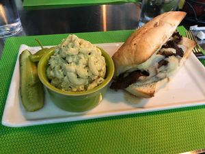 Vegan Italian Beef w/ mac salad at Tiger Lily Cafe in Chesterton
