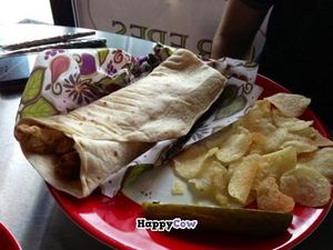 Chipotle 'chicken' seitan wrap...we had to keep examining the seitan to check that it wasn't really chicken! It is a very good texture and has a great smokey spiced flavor at Tiger Lily Cafe in Chesterton