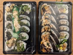 Asparagus tempura, garlic asparagus, aubergine, and sweet tofu rolls at Chunky Cat SUSHI in Edinburgh