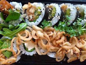 Spicy Tofu Futomaki and Miso Tofu Uramaki (minus the mayo) at Chunky Cat SUSHI in Edinburgh