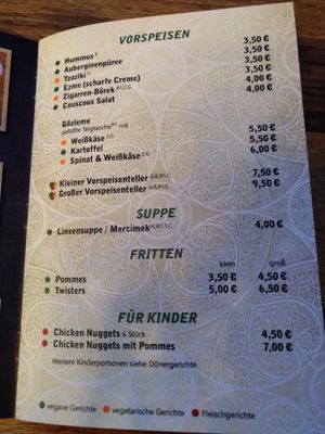 Menu (green points are vegan) at Lavanta in Hannover