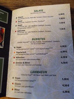 Menu (green points are vegan) at Lavanta in Hannover
