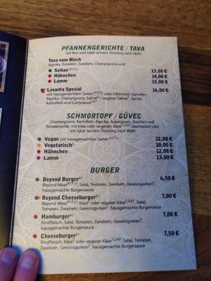Menu (green points are vegan) at Lavanta in Hannover