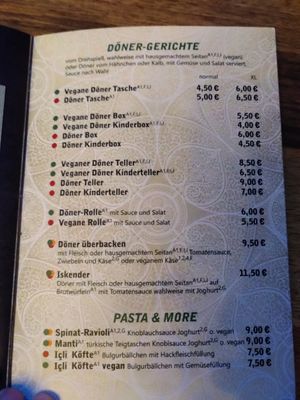 Menu (green points are vegan) at Lavanta in Hannover