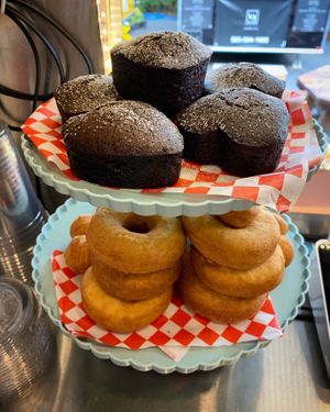 Vegan chocolate cake and old fashioned donuts at Sweet Lorraine's Latkes & More - Food Cart in Portland