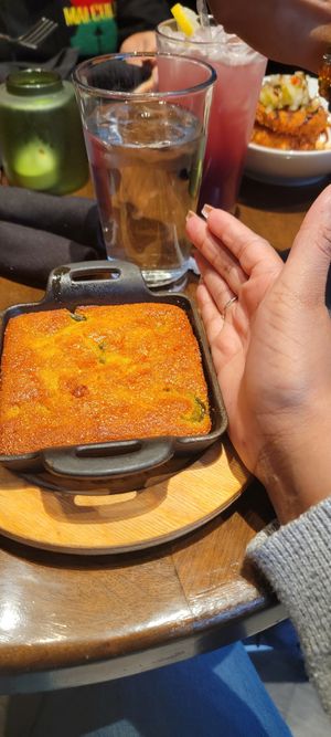 The size of the cornbread. Enough to sample with a table of 4. at Bar Vegan ATL in Atlanta