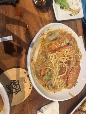 White pasta with fried chickenn  at Bar Vegan ATL in Atlanta