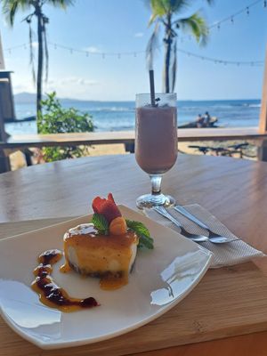 pink latte + passion fruit cheesecake 😋 at Grow in Puerto Viejo De Talamanca