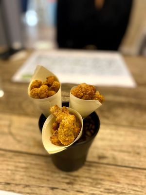 "chicken" popcorn at Just Vegan - Jumeriah in Dubai