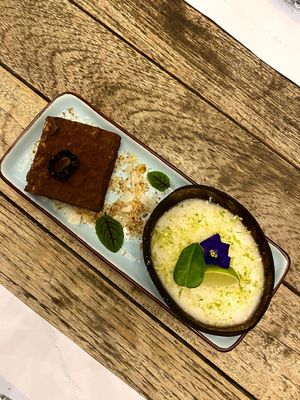 Chocolate brownie and coconut lemon desserts at Just Vegan - Jumeriah in Dubai