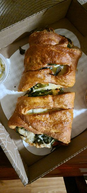 Vegan CYO Calzone with Spinach, Vegan Cheese. Vegan Italian Sausage, and Oregano at Sarpino's Pizzeria in Elmhurst