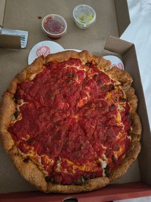 Vegan sausage deep dish at Sarpino's Pizzeria in Elmhurst