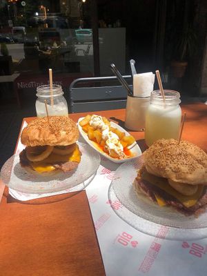 Onion ring burger and bravas  at La Golosa Vegan Vurger in Barcelona