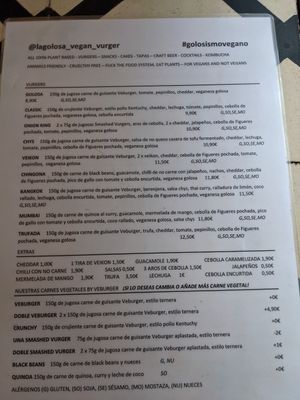 Menu - burgers at La Golosa Vegan Vurger in Barcelona