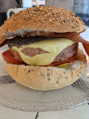 "Beef" burger with truffles, cheese and bacon. My god. at La Golosa Vegan Vurger in Barcelona