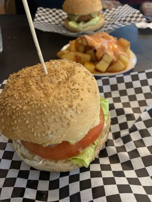Burger and bravas  at La Golosa Vegan Vurger in Barcelona