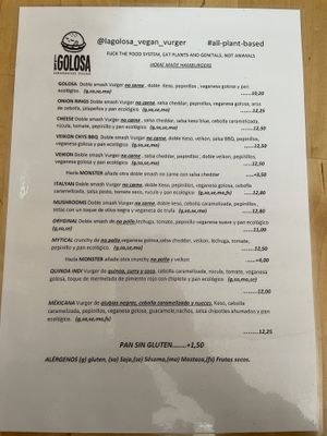 New menu  at La Golosa Vegan Vurger in Barcelona