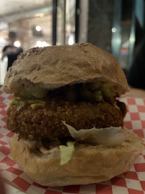 Crispy vegan chicken!  at La Golosa Vegan Vurger in Barcelona
