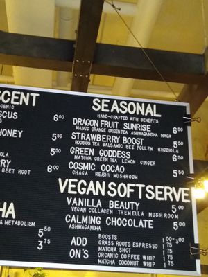 Menu sign with the health benefits of the vegan soft serve at Eleven TLC in Atlanta