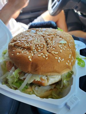 Mac zaddy burger super filling at Veg & Go Plant Based in Riverside