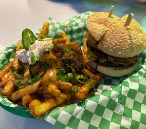 Wild West burger with secret menu fire fries. Yummy!   at Veg & Go Plant Based in Riverside