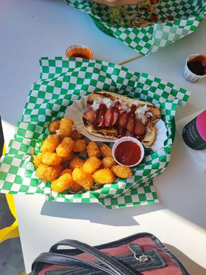 Bak and wrap dog with tater tots at Veg & Go Plant Based in Riverside