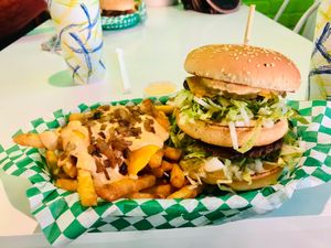 This is the Mac-Zaddy with wild style French fries.  at Veg & Go Plant Based in Riverside