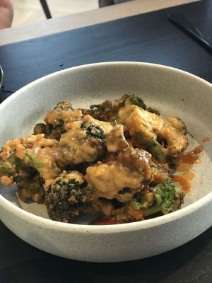 Frozen broccoli in the bang bang broccoli appetizer. Overcooked and mushy inside.  at PLANTA in West Palm Beach