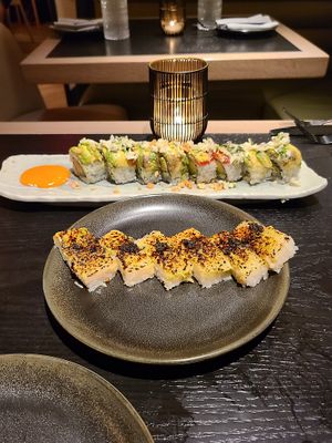 Rainbow roll and torched and pressed roll! at PLANTA in West Palm Beach
