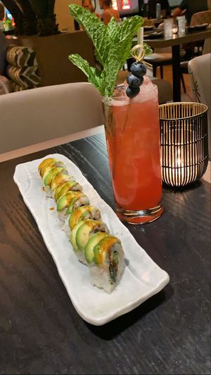 Dragon roll and kombucha cocktail at PLANTA in West Palm Beach