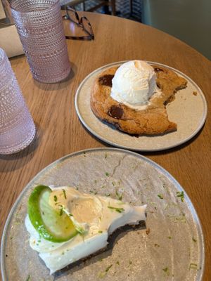 Chocolate chip cookie with vanilla ice cream, Key Lime Cheesecake (gluten free) at PLANTA in West Palm Beach