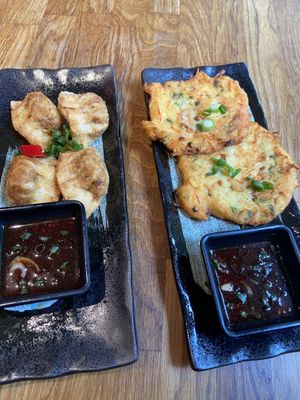 Kimchi potstickers and pancakes: both tasty. at Kini in Hamburg