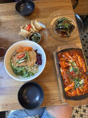 Bibimbap, kimchi dumplings, miso glazed eggplant and star of the meal: tteok bokki  at Kini in Hamburg