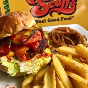 Cheeze burger, chips, onion rings and coleslaw in brioce bun at Scoff's in Horsforth