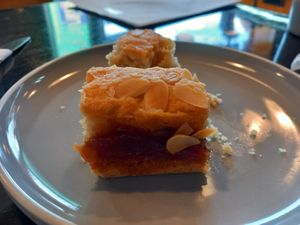 Bakewell tart tray bake at Scoff's in Horsforth